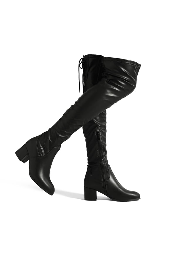 Women's Over The Knee Thigh High Chunky Heel Boots Long Stretch Sexy Fall Boots LAURENCE BLACK/PU Size 6