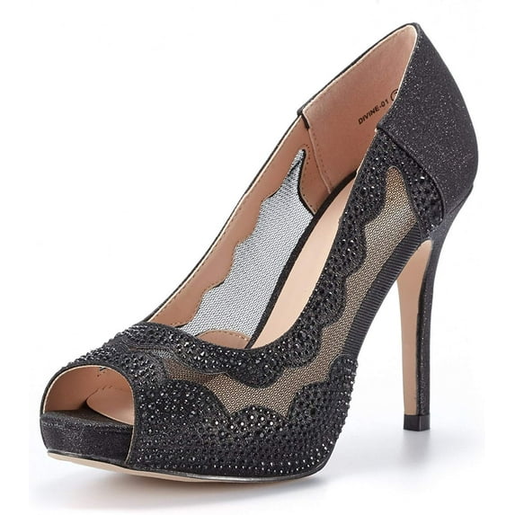 DREAM PAIRS Women's Peep Toe Wedding Party Glitter High Heels Dress Pump Shoes DIVINE-01 BLACK Size 7