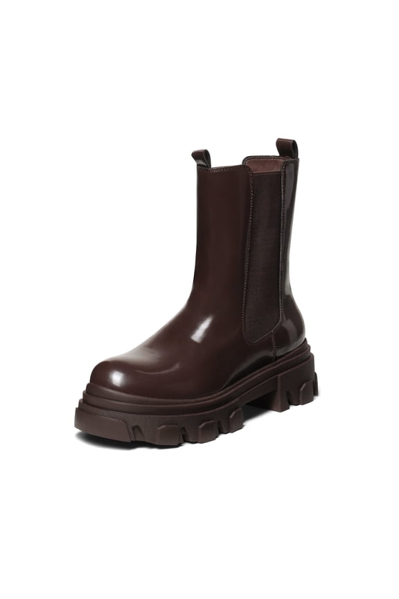 Women's Platform Chelsea Boots Fashion Comfort Combat Mid Calf Slip On Chunky Ankle Booties DMB212 BROWN Size 6.5