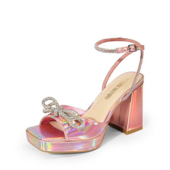 DREAM PAIRS Women’s Platform Chunky Heels – Double Bowknots Rhinestone Square Toe Dress Sandals for Weddings, Bridal, and Parties