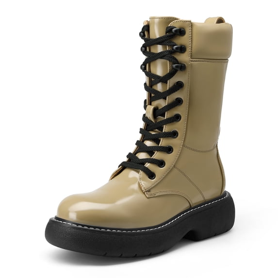 DREAM PAIRS Women's Platform Chunky Lug Sole Lace Up Leather Boots, Mid Calf Boots Outlet