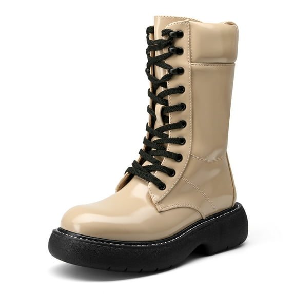 DREAM PAIRS Women's Platform Chunky Lug Sole Lace Up Leather Boots, Mid Calf Boots Outlet