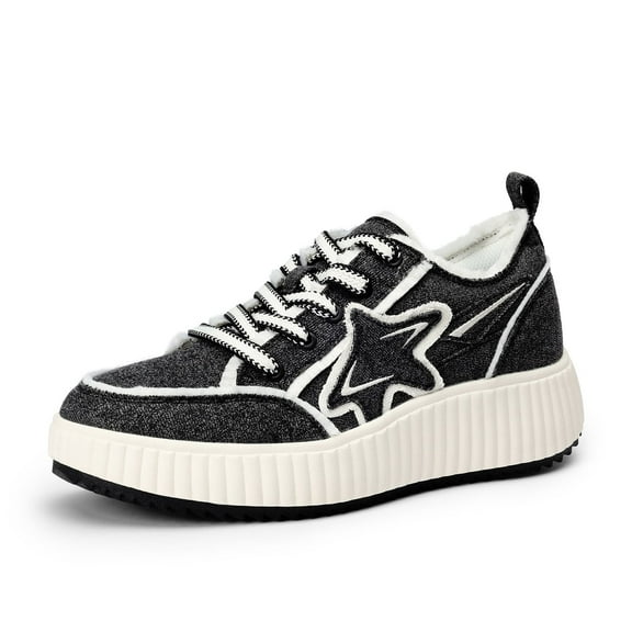 DREAM PAIRS Women's Platform Fashion Sneaker, Comfortable Casual Denim Athletic Star Sneakers Black/White Size 7