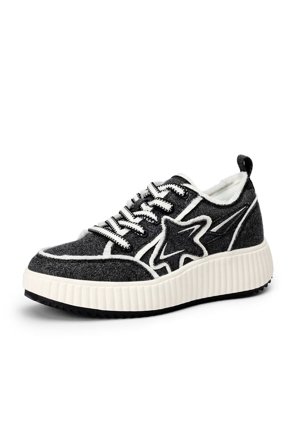 Women's Platform Fashion Sneaker, Comfortable Casual Denim Athletic Star Sneakers Black/White Size 7