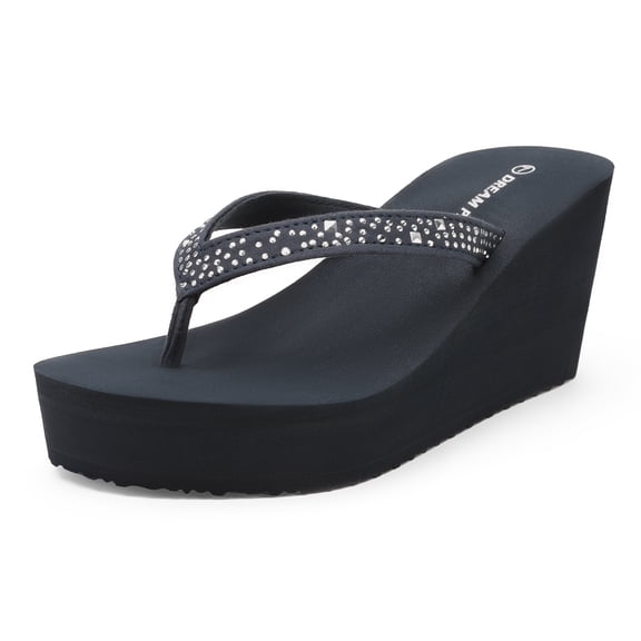 DREAM PAIRS Women's Platform Flip Flop Rhinestones Arch Support Comfortable Soft Cushion Wedge Flip Flops Summer Thong Sandals