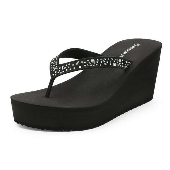 DREAM PAIRS Women's Platform Flip Flop Rhinestones Arch Support Comfortable Soft Cushion Wedge Flip Flops Summer Thong Sandals