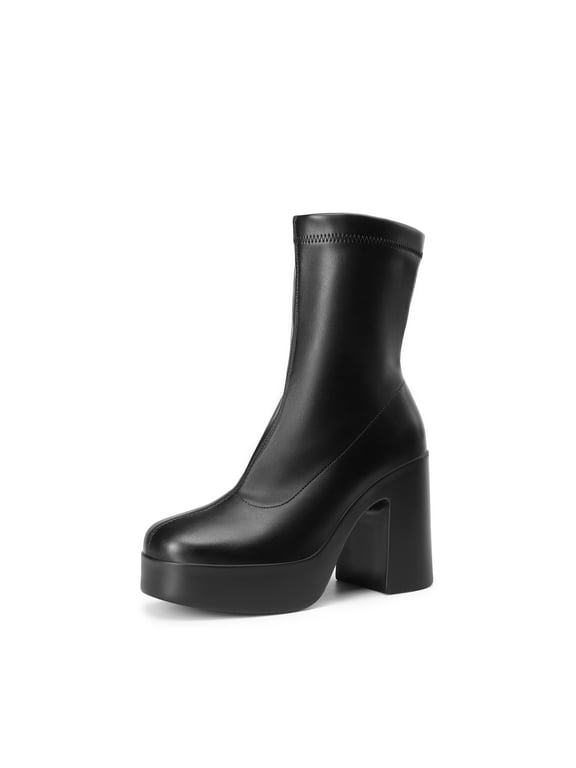 Women's Platform Gogo Ankle Boots High Chunky Block Heel Square Toe Booties Shoes