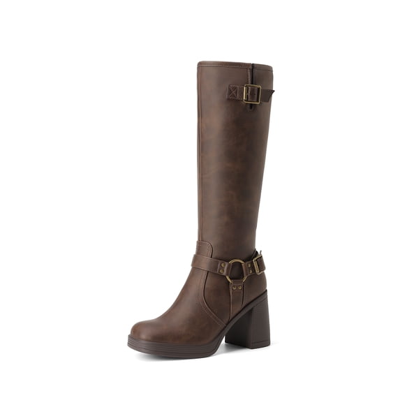 DREAM PAIRS Women's Platform Knee High Boots, Chunky Block Heel Boots with Square Toe, Side Zipper and Buckle Details