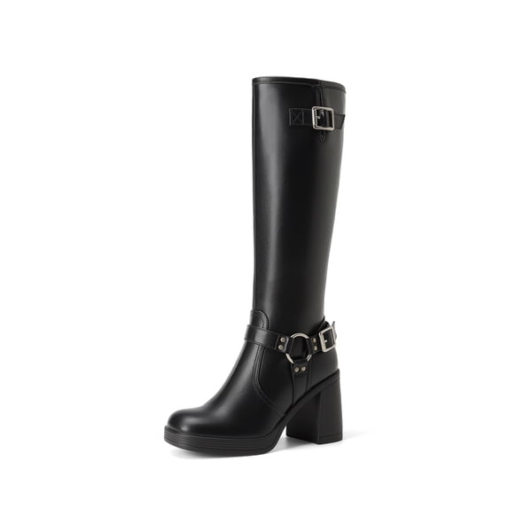 DREAM PAIRS Women's Platform Knee High Boots, Chunky Block Heel Boots with Square Toe, Side Zipper and Buckle Details
