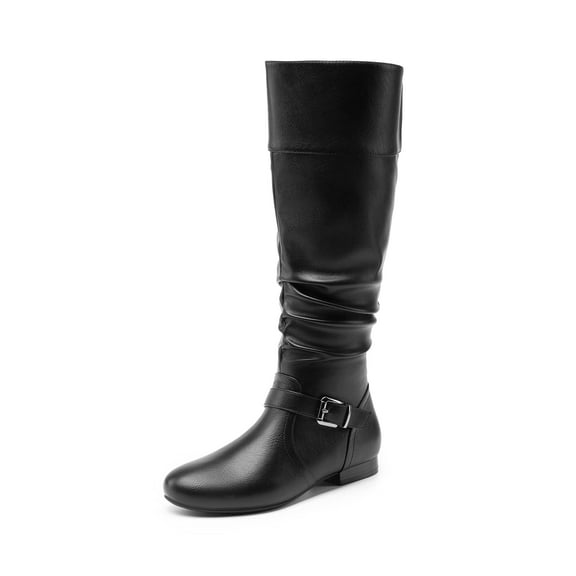 DREAM PAIRS Women's Platform Knee High Boots Fashion Flat Pull On Fall Weather Slouchy Wild Knee High Boots BLACK-PU US SIZE 10