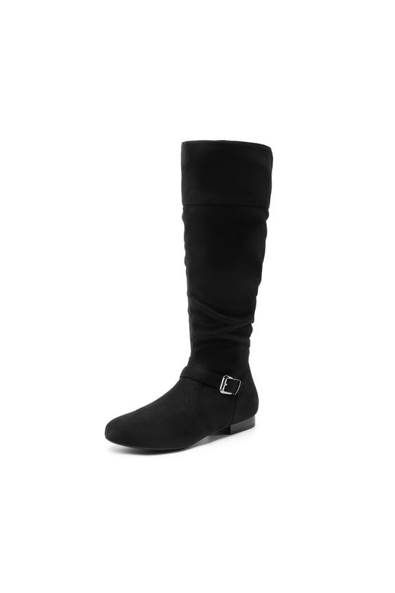 Women's Platform Knee High Boots Fashion Flat Pull On Fall Weather Slouchy Wild Knee High Boots BLACK US SIZE 9.5