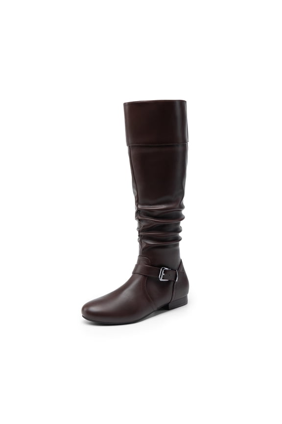 Women's Platform Knee High Boots Fashion Flat Pull On Fall Weather Slouchy Wild Knee High Boots BROWN-PU US SIZE 8