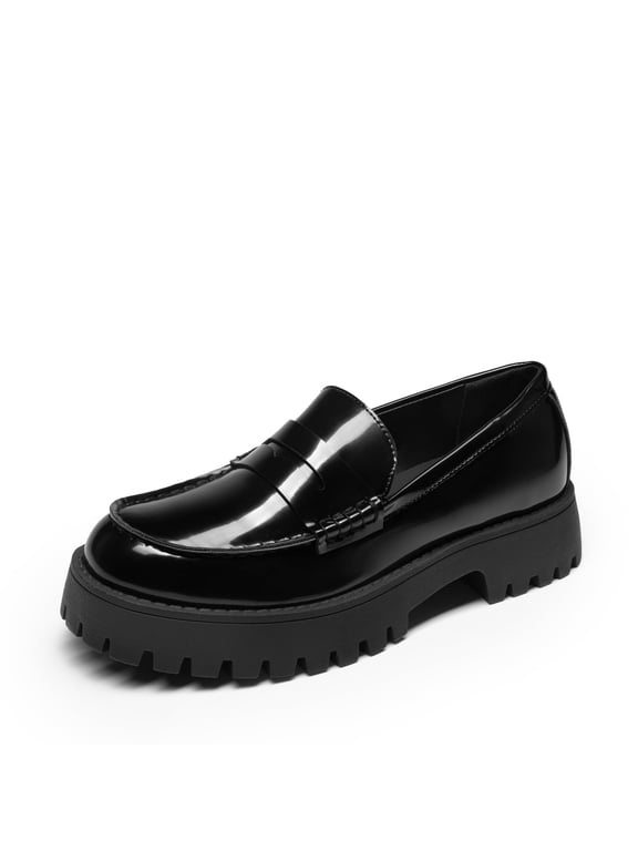 Women's Platform Loafers Comfortable Cushioned Insole Lug Sole Shoes Chunky Heel Slip-On Casual Flats
