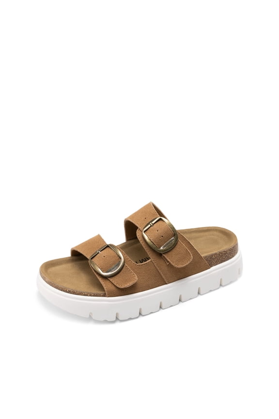 Women's Platform Sandals Wedge Chunky Heel Slip-on Comfort Slides with Arch Support Cork Footbed Adjustable Buckle Summer Slide Sandals