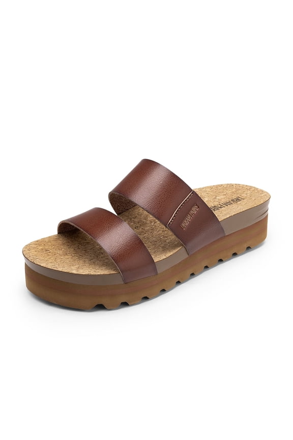 Women's Platform Slides Sandals with Arch Support, Comfortable Beach Slip-on Flat Sandals, Casual 2-Strap Cork Cushion Wedges for Women