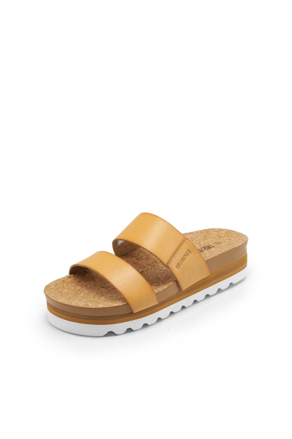 Women's Platform Slides Sandals with Arch Support, Comfortable Beach Slip-on Flat Sandals, Casual 2-Strap Cork Cushion Wedges for Women