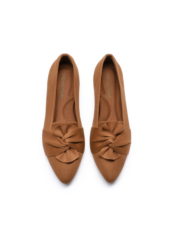 Women's Pointed Toe Ballet Flats Comfortable Knit Slip-On Shoes with Bow Detail Lightweight Flexible Everyday Walking Flats