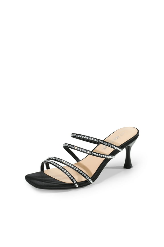 Women's Rhinestone Strappy Heels Square Open Toe Slip On Low Slide Heeled Sandals for Daily Party Wedding Dress Shoes