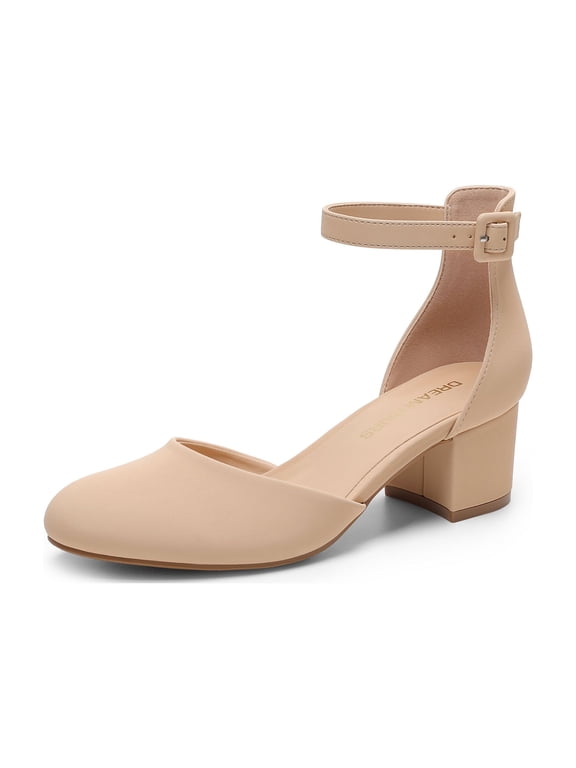 Women's Round Toe Block Heel Pumps Dress Shoes Adjustable Ankle Strap D'Orsay Low Heels for Work Wedding Party Wide Width