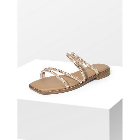 DREAM PAIRS Women’s Slide Sandals – Rhinestone Strap Summer Flats with Studded Details