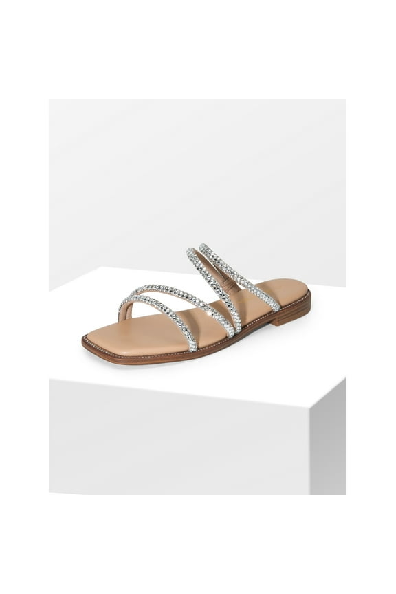 Women’s Slide Sandals – Rhinestone Strap Summer Flats with Studded Details