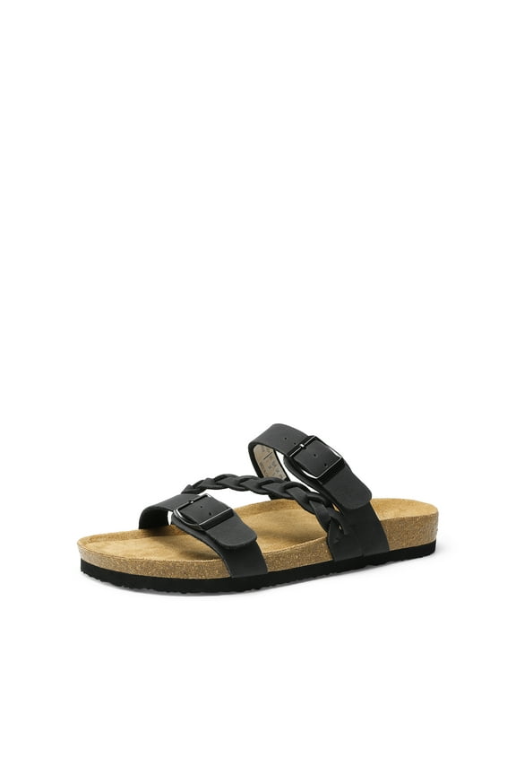 Women's Slides Soft Cork Footbed Sandals Comfortable Walking Slip-on Flat Sandals Arch Support Adjustable Buckle Braided Straps Slippers