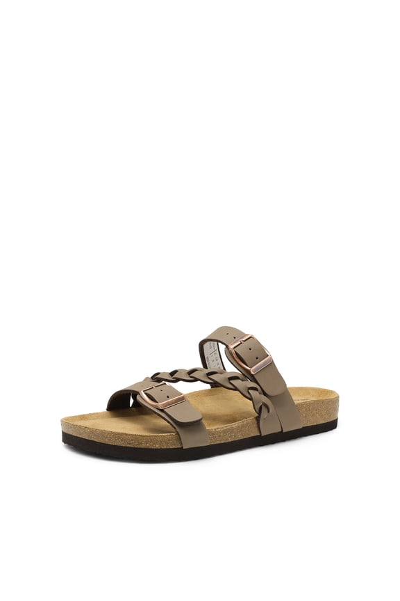 Women's Slides Soft Cork Footbed Sandals Comfortable Walking Slip-on Flat Sandals Arch Support Adjustable Buckle Braided Straps Slippers
