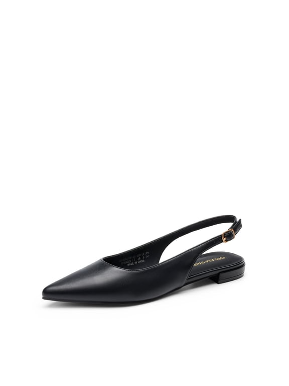 Women's Slingback Flats, Pointed Toe Dress Shoes with Buckle Strap and Low Heel, Ballet Flats for Work, Office and Everyday Wear