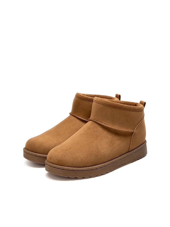 Women's Short Slip-On Ankle Winter Snow Boots with Faux Shearling Fur, Chestnut