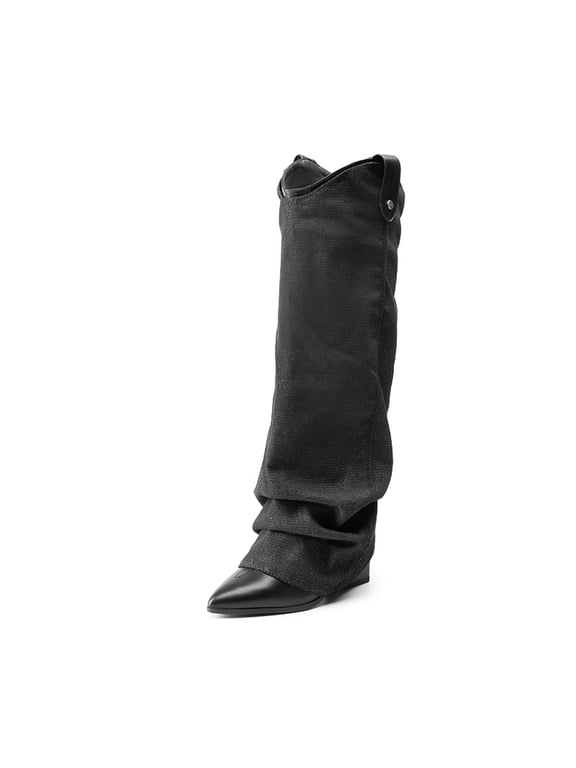 Women's Slouch Knee High Boots, Pointed Toe Chunky Heel Fashion Dress Boots