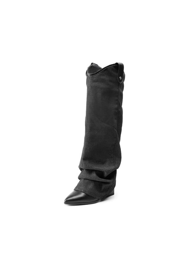 Women's Slouch Knee High Boots, Pointed Toe Chunky Heel Fashion Dress Boots