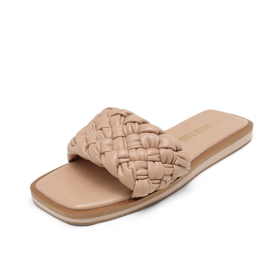 DREAM PAIRS Women's Square Open Toe Slide Sandals Cute Slip on Braided Strap Rhinestone Flat Sandals for Summer