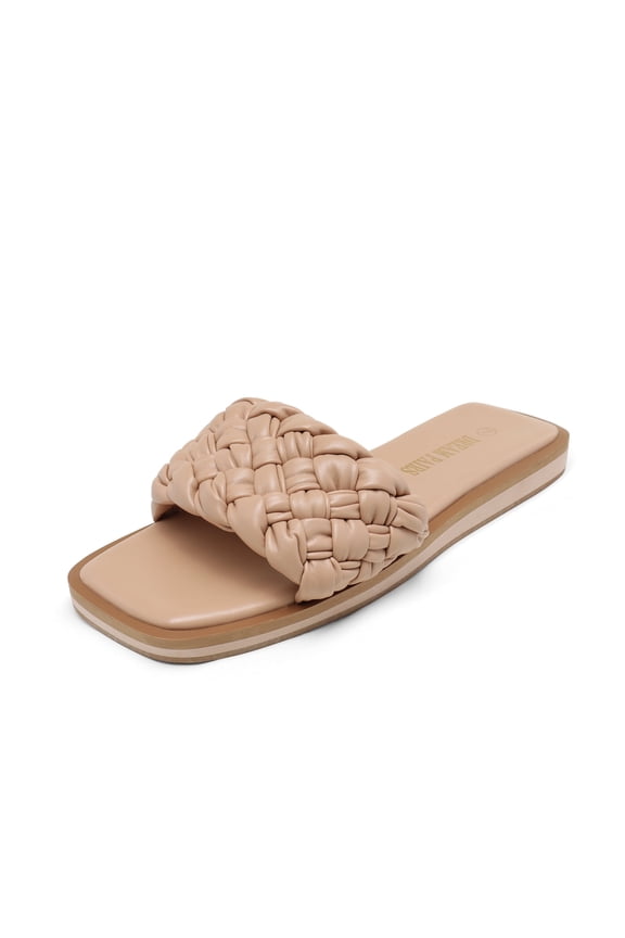 Women's Square Open Toe Slide Sandals Cute Slip on Braided Strap Rhinestone Flat Sandals for Summer