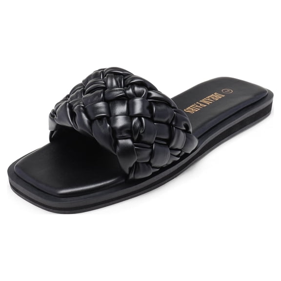 DREAM PAIRS Women's Square Open Toe Slide Sandals Cute Slip on Braided Strap Rhinestone Flat Sandals for Summer