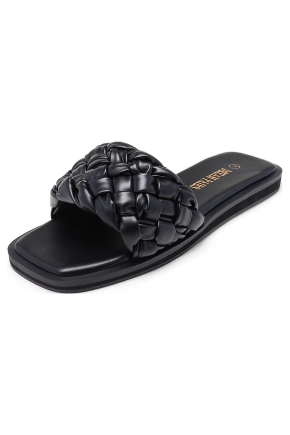 Women's Square Open Toe Slide Sandals Cute Slip on Braided Strap Rhinestone Flat Sandals for Summer