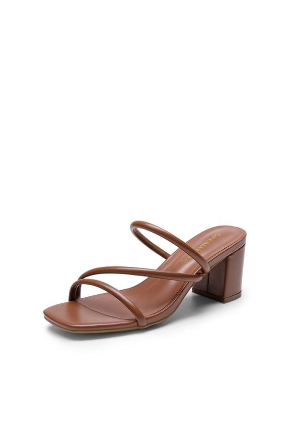 Women's Strappy Heels Open Toe Low Chunky Heel Slip On Mules Square Block Sandals Dress Shoes