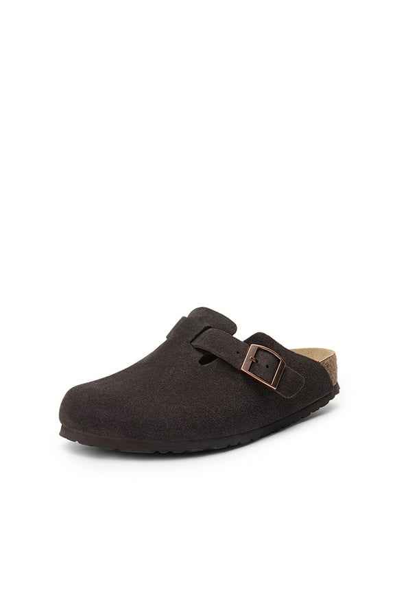 Women's Suede Clog Slippers, Slip-On Cork Footbed Mules with Adjustable Buckle