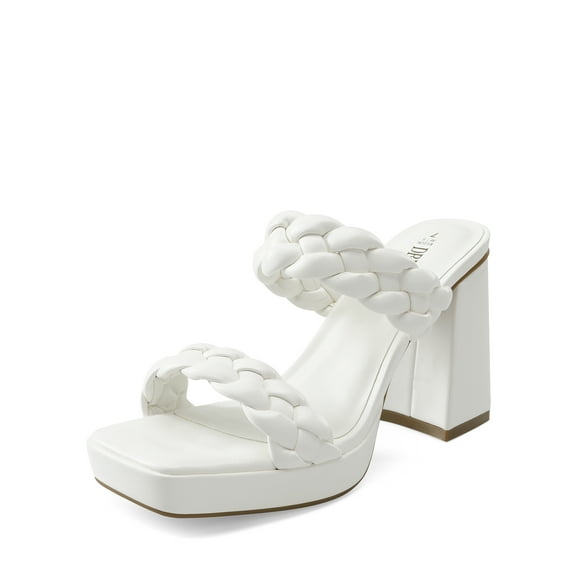 DREAM PAIRS Women's Two Braided Strap High Chunky Heels for Women Slip on Open Square Toe Block Platform Heels Sandals Holiday Party Wedding Dress Pumps Shoes