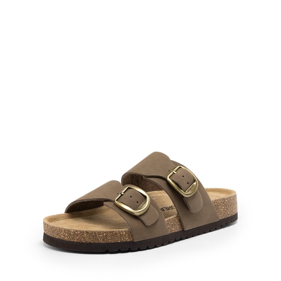 DREAM PAIRS Women’s Slide Sandals with Genuine Leather Footbed Adjustable Double Buckle Slip-On Flat Sandals with Arch Support