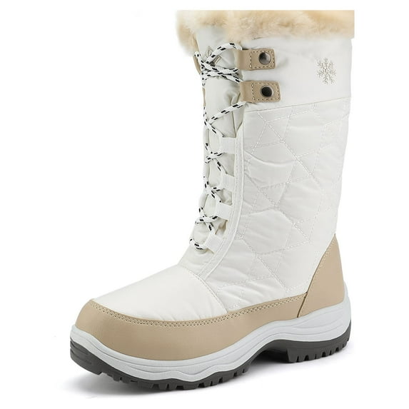 DREAM PAIRS Women's Warm Faux Lined Mid Calf Winter Snow Boots Beige/White Size 5
