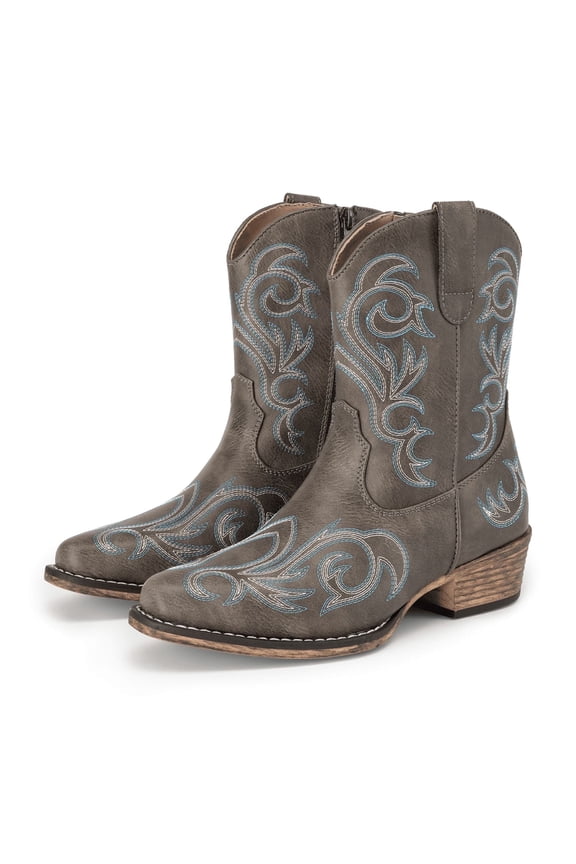 Women's Western Boots Square Toe Chunky Heel Zipper Embroidered Ankle Boots