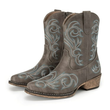 BURUDANI Women's Western Boots Square Toe Chunky Heel Zipper Embroidered Ankle Boots