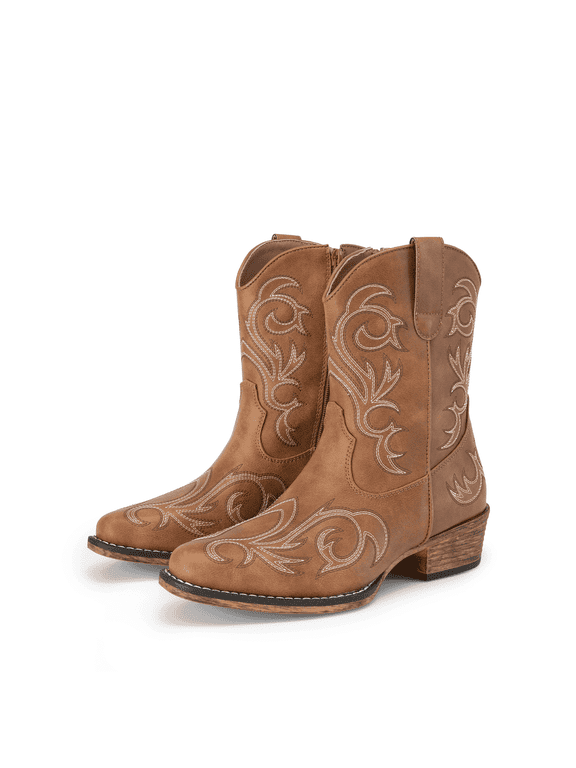 Women's Western Boots Square Toe Chunky Heel Zipper Embroidered Ankle Boots