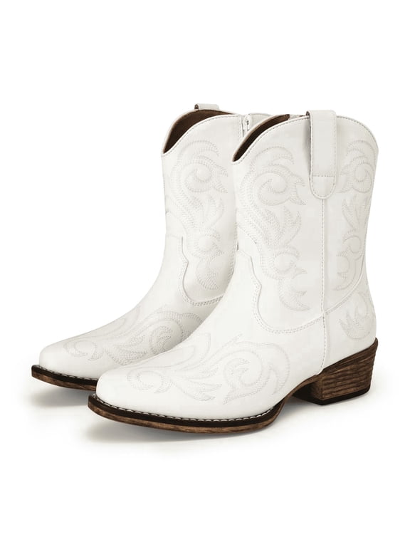 Women's Western Boots Square Toe Chunky Heel Zipper Embroidered Ankle Boots