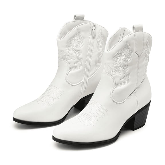 BURUDANI Women's Western Embroidered Ankle Boots Cowboy Cowgirl Low chunky Heel Round Toe Short Booties Shoes