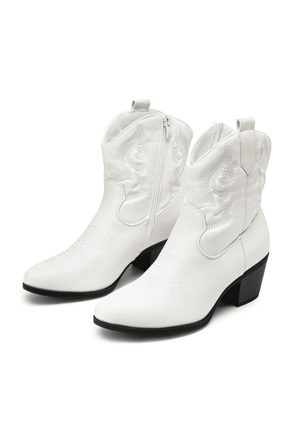 Women's Western Embroidered Ankle Boots Cowboy Cowgirl Low chunky Heel Round Toe Short Booties Shoes