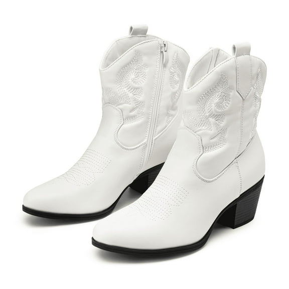 BURUDANI Women's Western Embroidered Ankle Boots Cowboy Cowgirl Low chunky Heel Round Toe Short Booties Shoes