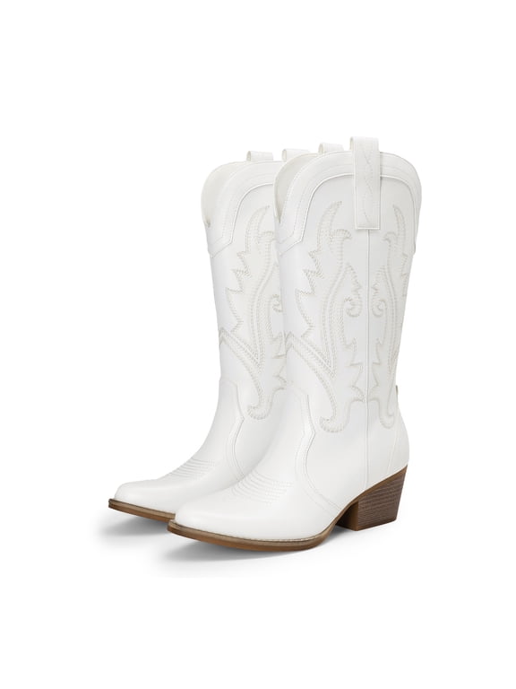 Women's Western Cowboy Cowgirl Boots Square Toe Embroidery Mid Calf Booties