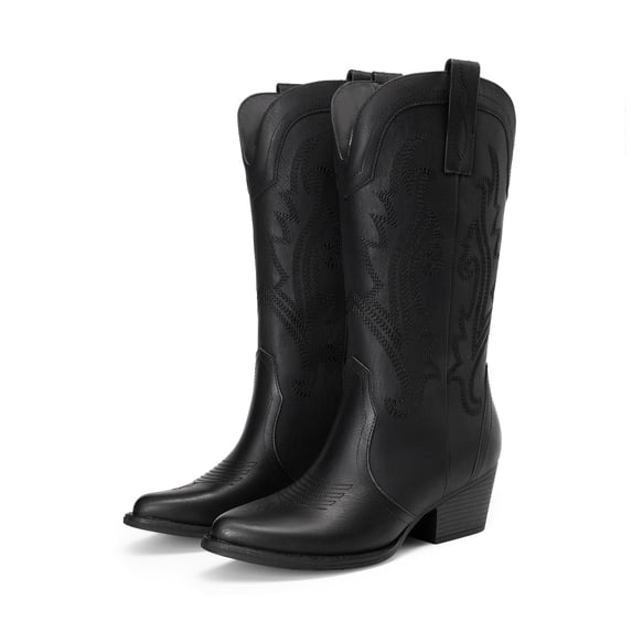 DREAM PAIRS Women's Western Cowboy Cowgirl Boots Square Toe Embroidery Mid Calf Booties