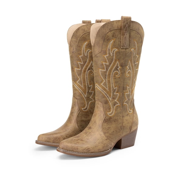 DREAM PAIRS Women's Western Cowboy Cowgirl Boots Square Toe Embroidery Mid Calf Booties